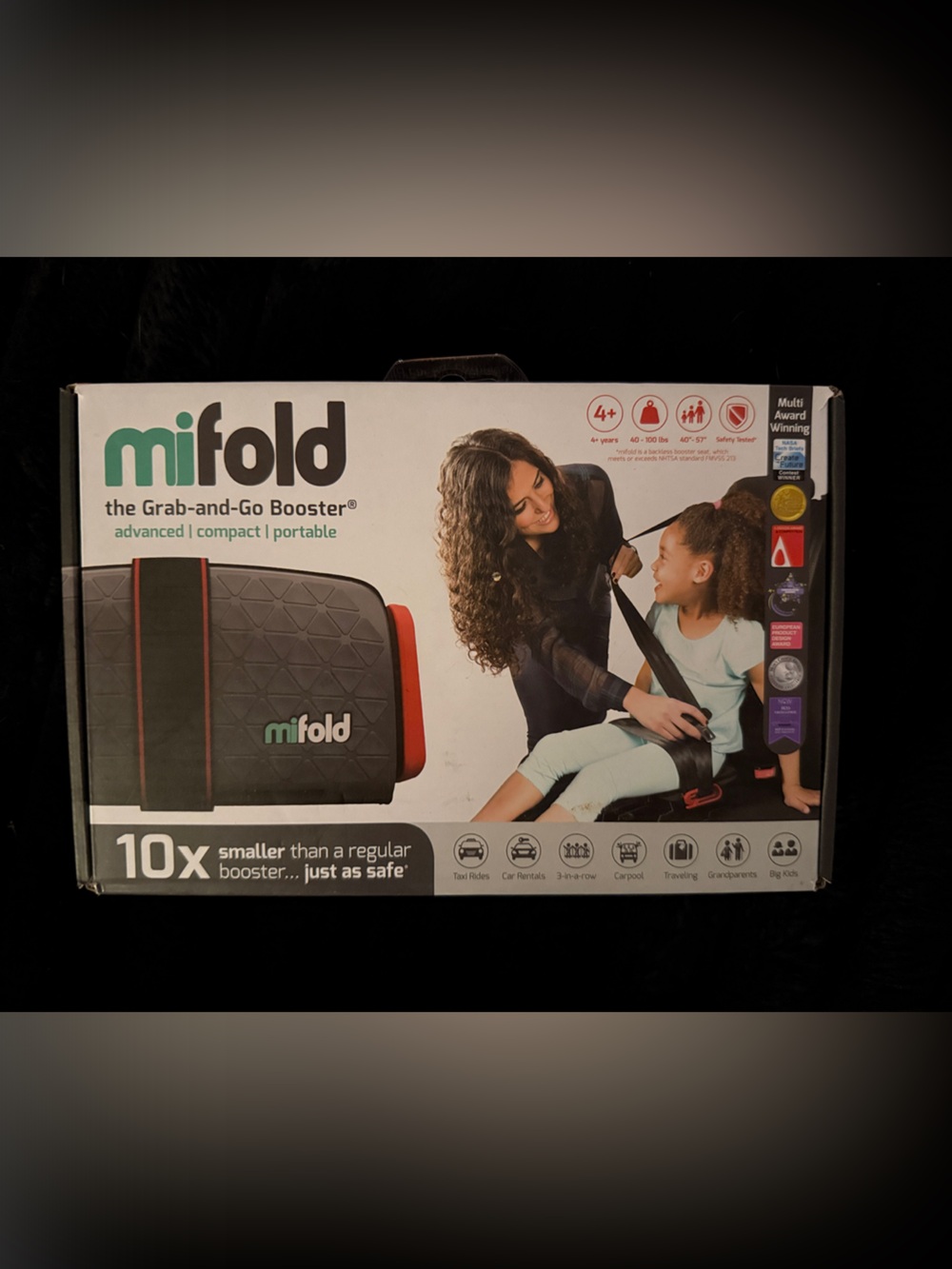 NEW mifold Grab-and-Go Booster Car Seat - Black with Red Accent